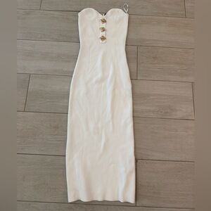 Self portrait Strapless White Ribbed Midi Dress with Gold Accent Buttons
